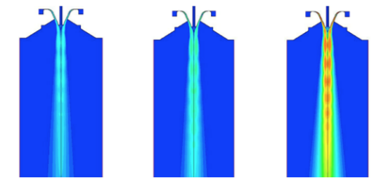 Velocity fields for different gases and equal atomization pressure: argon (left), nitrogen (center) and helium (right)