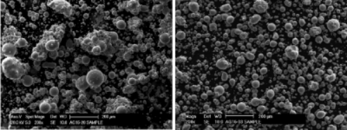 Powders produced under the same operating conditions, without anti-satellite system (left) and with anti-satellite system (right).